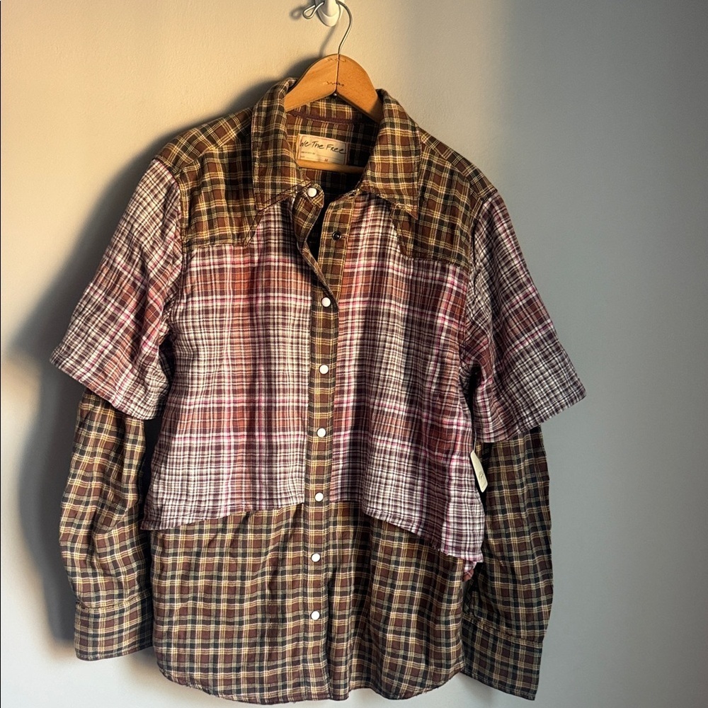 NEW Free People Layer it Up Plaid Flannel Snap Down Top Medium - Picture 4 of 10